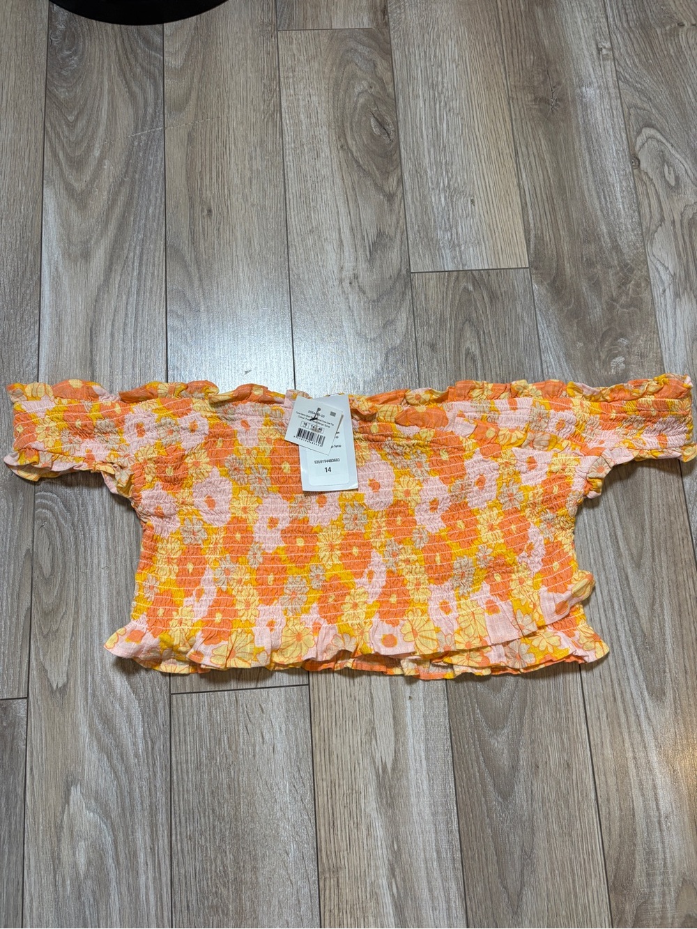 Floral Smocked Off-Shoulder Crop Top - Orange/Pink